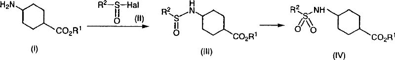 General reaction scheme showing the coupling of compound I and II to form III, followed by oxidation to IV