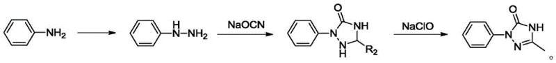 Conventional synthesis route using aniline derivatives showing multiple separation steps and hazardous reagents
