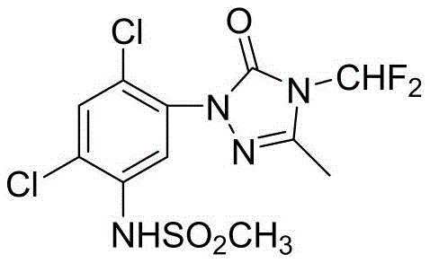 Chemical structure of Sulfentrazone showing the dichlorophenyl and trifluoromethyl-triazolinone moieties