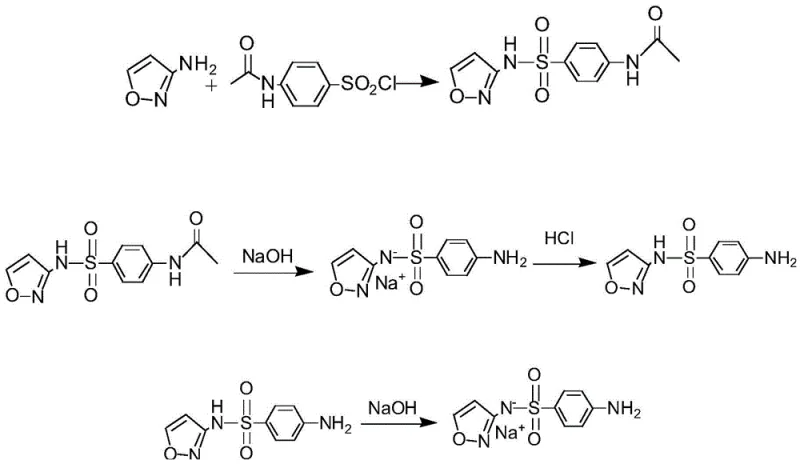 Three-step reaction scheme for Sulfisoxazole Sodium synthesis showing condensation, hydrolysis, and salt formation
