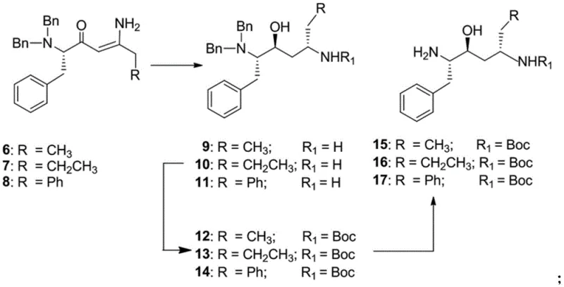Reaction scheme showing the reduction of enaminones to amino-alcohols and subsequent Boc protection