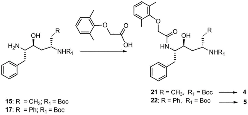Synthesis pathway converting protected amines to final sulfonamide derivatives via amide coupling