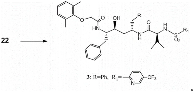 Final conversion of intermediate 22 to Compound 3 showing the sulfonamide coupling step
