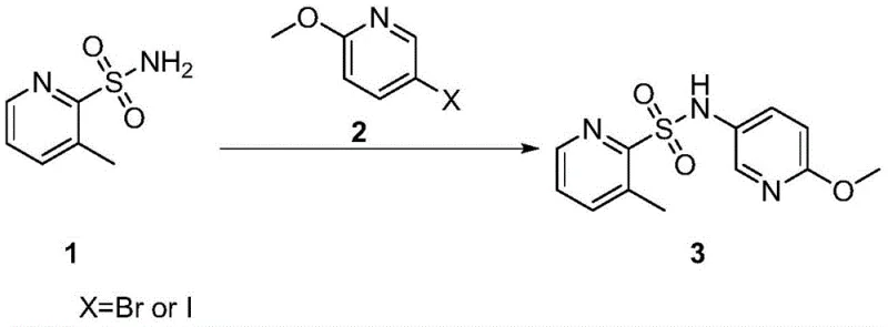 Reaction scheme showing the Ullmann coupling of 3-methylpyridine-2-sulfonamide with 5-halo-2-methoxypyridine to form N-(6-methoxypyridine-3-yl)-3-methylpyridine-2-sulfonamide