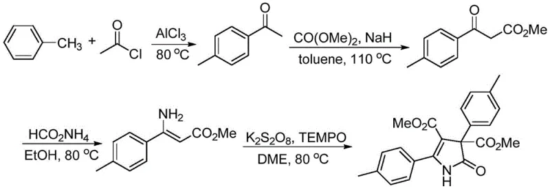 Conventional synthesis route using Aluminum Chloride and harsh oxidants showing complex multi-step process