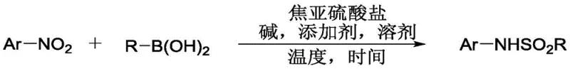 General reaction scheme showing coupling of nitroarene and boronic acid with pyrosulfite to form sulfonamide