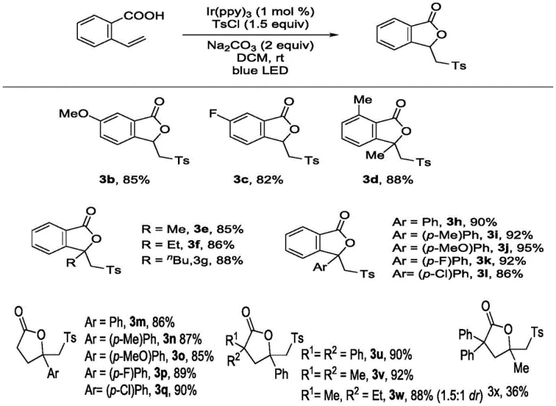 Substrate scope demonstrating high yields across various substituted sulfone-ylated gamma-lactones