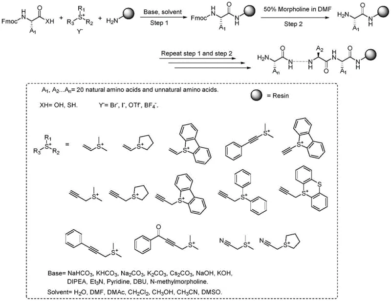 General reaction scheme for solid-phase peptide synthesis using unsaturated sulfonium salts as carboxyl activators
