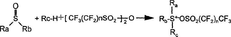 General reaction scheme showing one-step synthesis of sulfonium salt from sulfoxide and aromatic compound using perfluoroalkanesulfonic anhydride