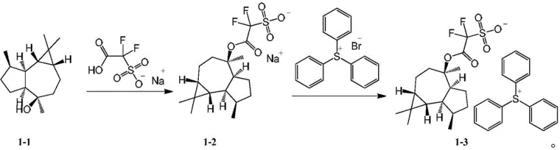 Synthetic route for Example 1 showing esterification and ion exchange to form the final photoacid generator