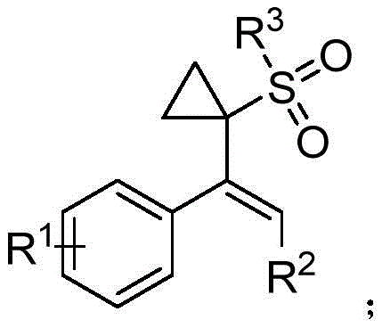 General structural formula of sulfonyl-substituted alpha-cyclopropyl styrene compounds showing variable R groups