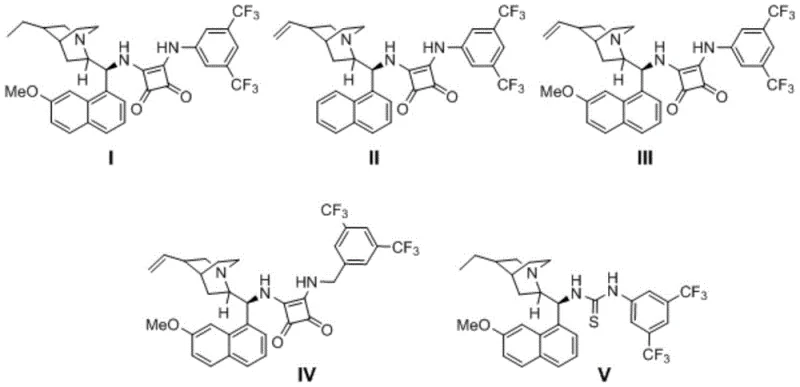 Structures of chiral thiourea and squaramide organocatalysts used in the synthesis