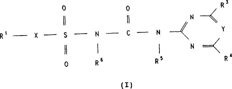 General chemical structure of Formula I sulfonylurea compounds showing variable substituents R1 through R6