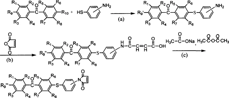 Complete reaction scheme showing the three-step synthesis from halogenated benzophenone to final maleimide product