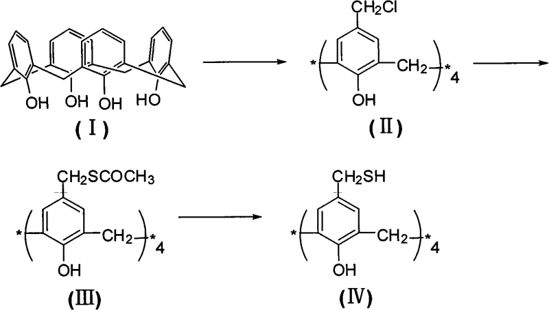Three-step synthesis route from tetrahydroxy-calixarene to tetramercaptomethyl derivative via chloromethyl and thioacetate intermediates
