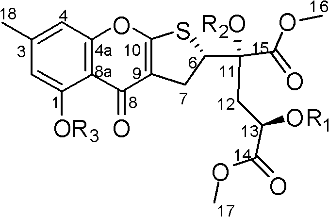 General chemical structure of Formula (I) showing the sulfur-containing chromone core with variable R groups for compounds 1-8