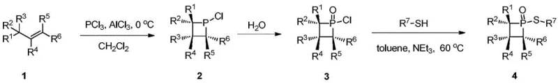General synthetic route showing the conversion of pentaalkyl propylene to the final sulfur-substituted phosphorus derivative via chlorophosphination and nucleophilic substitution