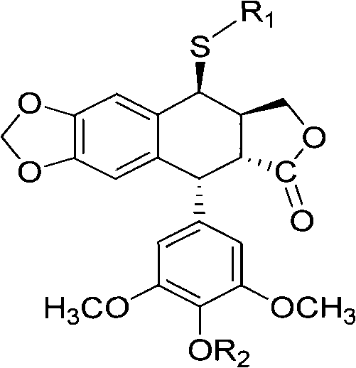General chemical structure of Formula I showing sulfur-substituted podophyllum derivative core