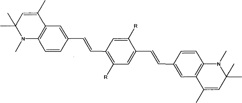 General chemical structure of symmetric two-photon induced luminescent compounds featuring 1,2,2,4-tetramethyldihydroquinoline terminals