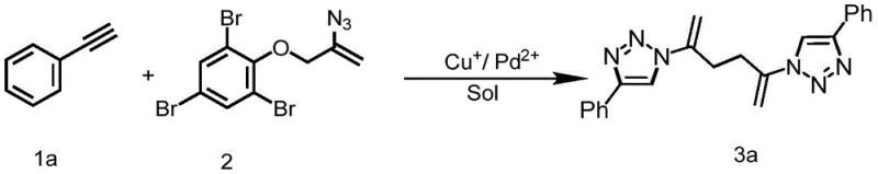 Specific reaction scheme for the synthesis of Compound 3a using phenylacetylene and phenol-substituted alkenyl azide