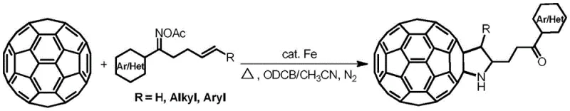 General reaction scheme for the synthesis of 1-[60] fullerene pyrrolidine derivatives using iron catalysis