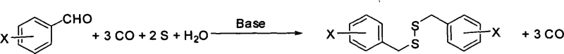 General reaction scheme for the synthesis of symmetrical dibenzyl disulfides from benzaldehydes using CO, Sulfur, and Base