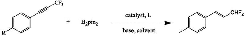 Specific reaction scheme showing conversion of substrate 1a to product 2a using CuI and B2pin2