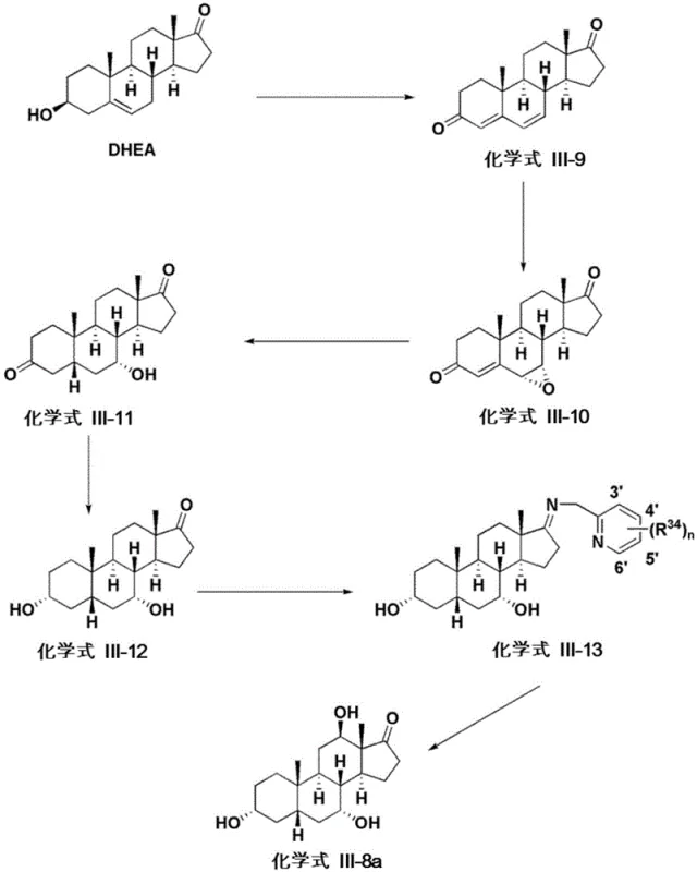 Reaction scheme 6 showing the conversion of DHEA to compound III-8a via oxidation and imine formation