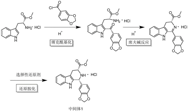 Detailed reaction mechanism showing Friedel-Crafts acylation Schiff base formation and reductive amination