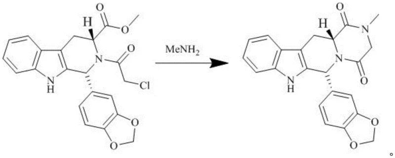 Aminolysis cyclization reaction mechanism converting intermediate to Tadalafil