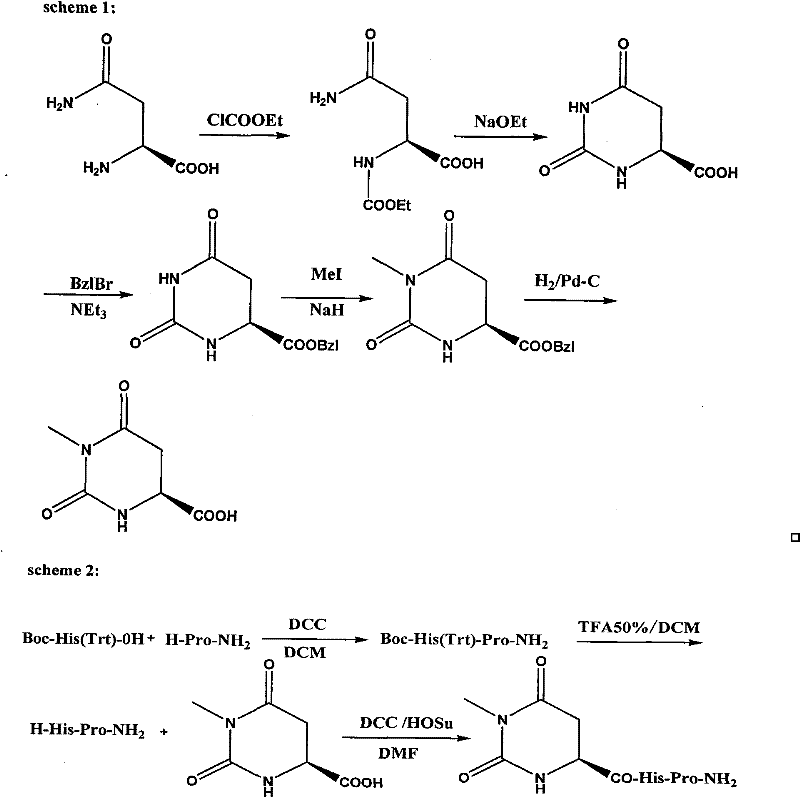 Complete synthetic scheme showing the liquid phase synthesis of Taltirelin intermediates and final coupling