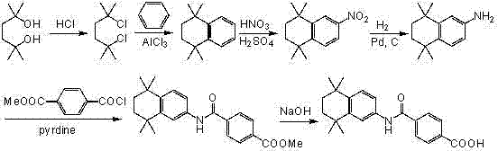 Conventional synthetic route for Tamibarotene involving multiple steps and harsh reagents
