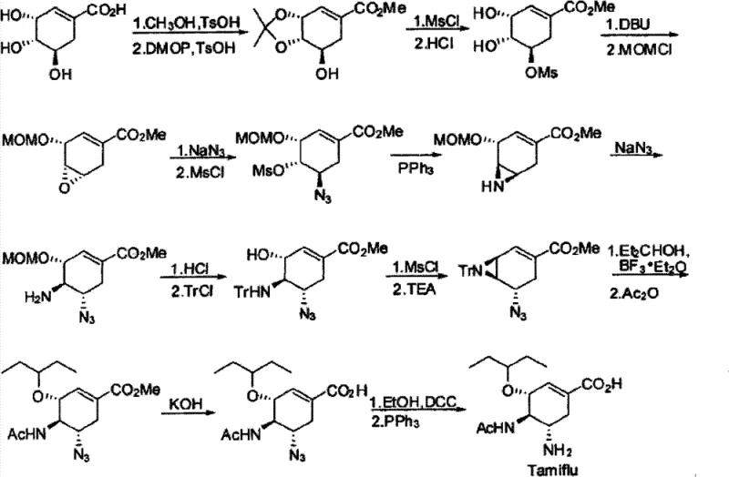 Traditional synthetic route of Tamiflu starting from Shikimic acid