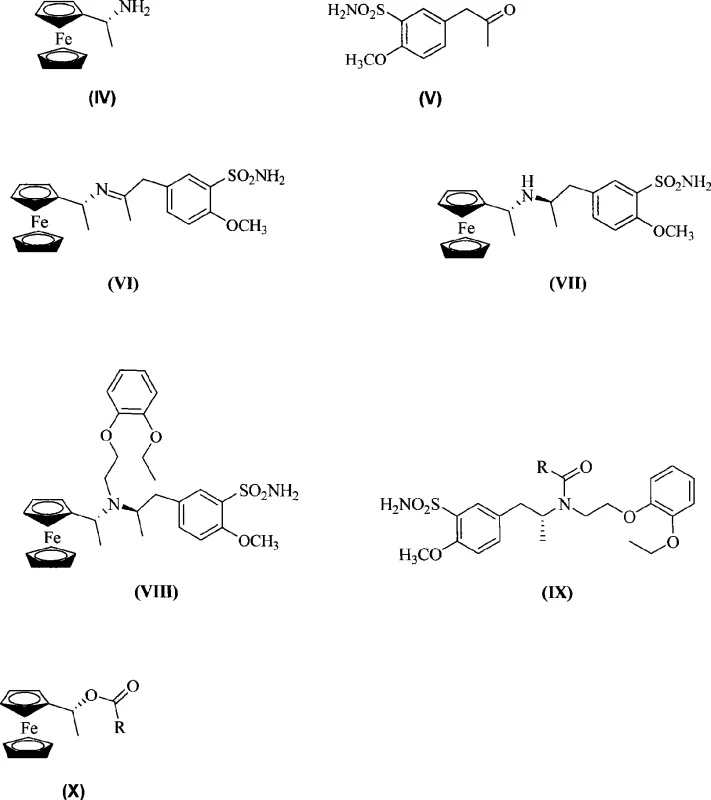Reaction scheme showing the asymmetric synthesis pathway using ferrocenyl ethylamine auxiliary