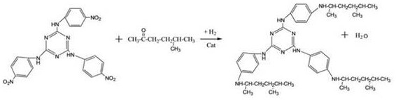Catalytic hydrogenation reduction alkylation of nitro-triazine with methyl isoamyl ketone
