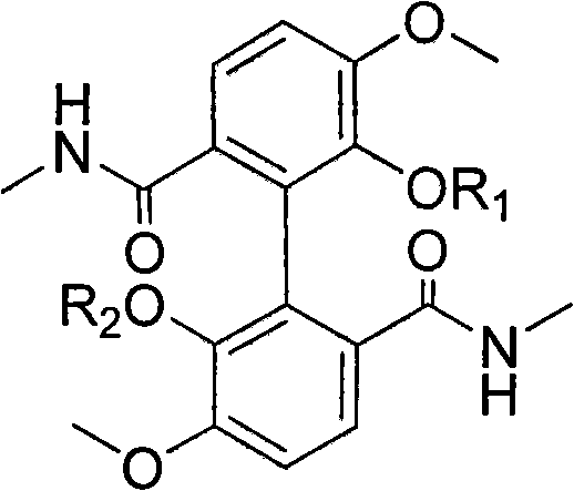 General structural formula of Taspinine biphenyl derivatives showing variable R1 and R2 substituents