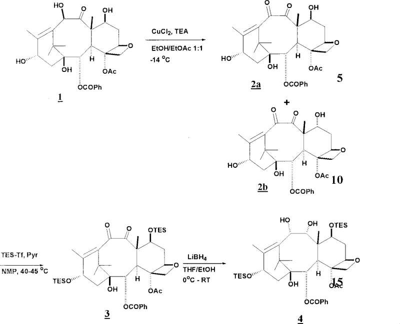 Detailed reaction steps showing oxidation of 10-DAB III to diketone and subsequent reduction