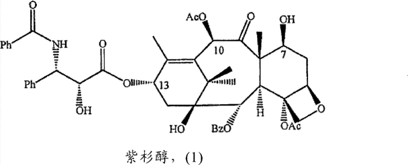 Chemical structure of Paclitaxel showing the complex taxane core and side chain