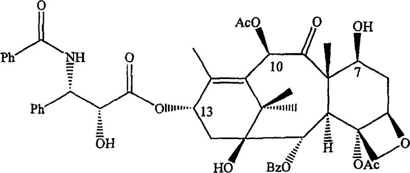 Chemical structure of Paclitaxel showing the complex taxane core and side chain