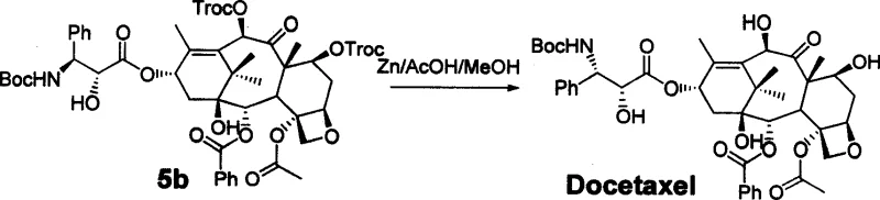 Final deprotection step yielding Docetaxel from intermediate 5b