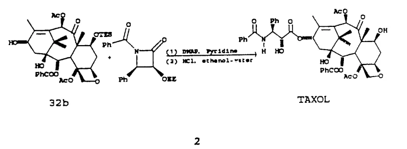 Reaction scheme showing the coupling of beta-lactam with baccatin derivative to form Taxol
