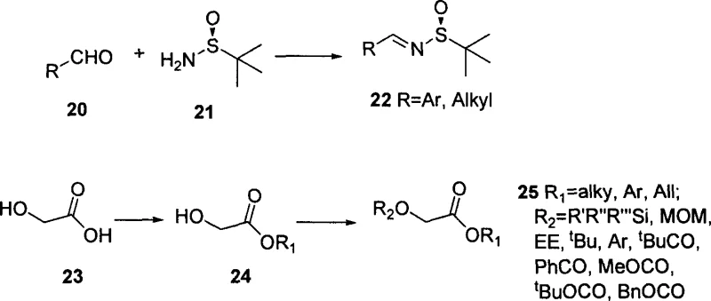 Reaction scheme showing the condensation of protected alpha-hydroxy acetic ester and chiral tert-butyl sulfinyl amine Schiff base