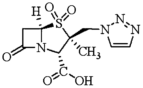 Chemical structure of Tazobactam Acid showing the penicillanese sulfone core and triazole ring