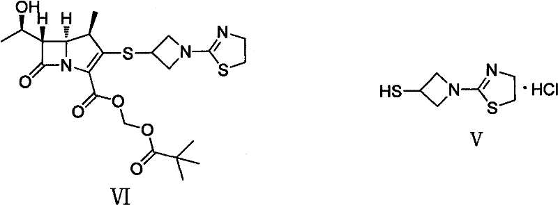 Chemical structures showing Tebipenem Pivoxil (VI) and its key intermediate 1-(4,5-dihydro-2-thiazolinyl)-3-mercaptoazetidine hydrochloride (V)