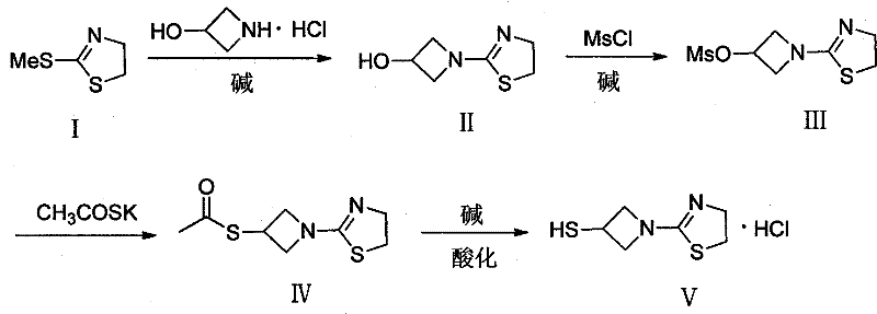 Reaction scheme showing the four-step synthesis from 2-methylthio-2-thiazoline (I) to the final mercaptoazetidine hydrochloride (V)