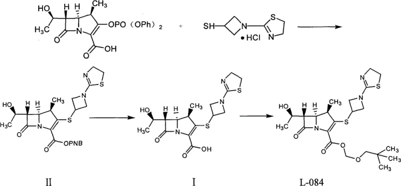 Overall synthetic route showing conversion of Compound II to Tebipenem I and subsequent esterification to L-084