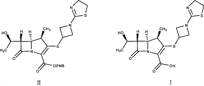 Specific reaction scheme for converting Compound II to Tebipenem I using THF Water and Pd-C catalyst