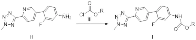 Synthesis reaction scheme showing the formation of Compound I from Compound II and chloroformate