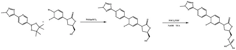 Overall reaction scheme showing Suzuki coupling and phosphorylation steps for Tedizolid Phosphate synthesis