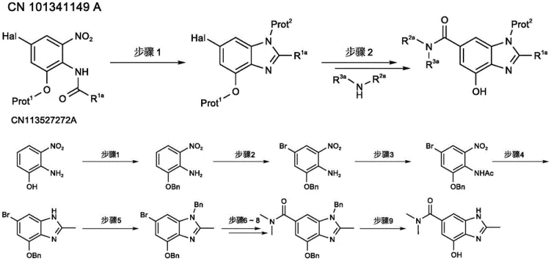 Conventional synthetic route for benzimidazole intermediates showing complex protection and cyanide steps